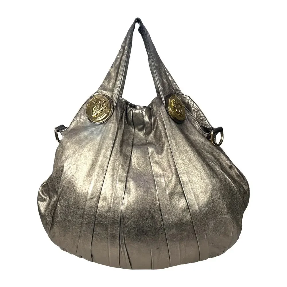 Gucci Metallic Pleated Leather Hysteria Hobo Bag Gold Crest Large 197016 Italy